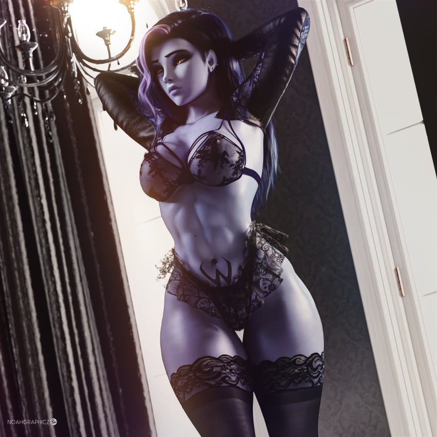 1girls 3d abs belly_tattoo breasts ear_piercing female female_only lace-trimmed_panties lingerie long_hair muscular muscular_female noahgraphicz overwatch piercings purple_skin see-through solo standing tattoo thick_thighs thigh_gap thighhighs widowmaker yellow_eyes