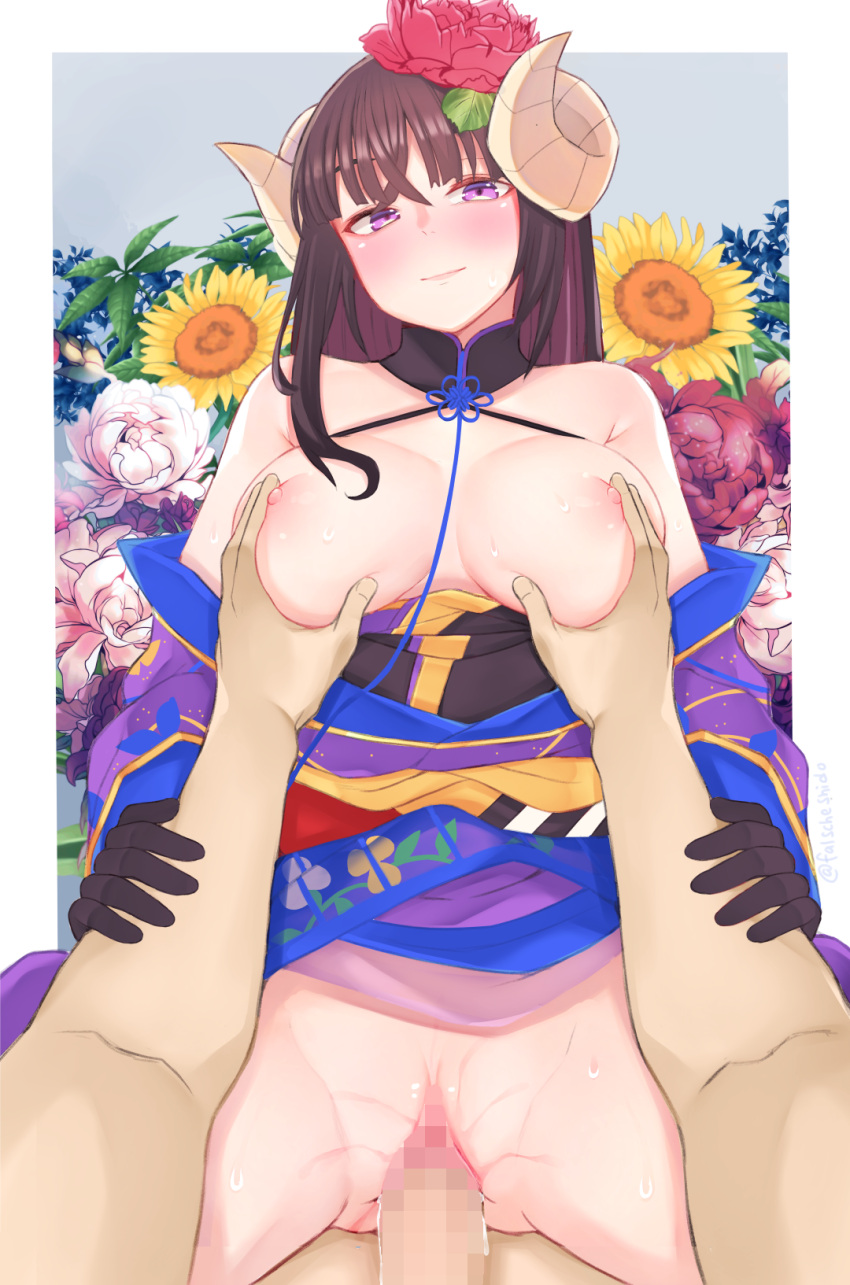 1boy 1girls armpit_crease azur_lane bangs bare_shoulders black_gloves blue_kimono blush breasts brown_hair cart censored cleavage clothed_sex colored_inner_hair cowgirl_position cum cum_in_pussy curled_horns falsche.shido female floral_print flower gloves groping hair_flower hair_ornament halterneck happy happy_sex highres horns japanese_clothes kimono large_breasts light-skinned_female light-skinned_male light_skin long_hair long_sleeves looking_at_viewer mosaic_censoring multicolored_hair nipples off_shoulder official_alternate_costume overflow penis pink_flower platform_footwear pov purple_eyes purple_flower pussy pussy_juice red_flower sakura_empire_(azur_lane) sex smile spread_legs straddling straight sunflower suruga_(azur_lane) suruga_(hundred_flowers_auspice)_(azur_lane) two-tone_hair vaginal_penetration white_flower