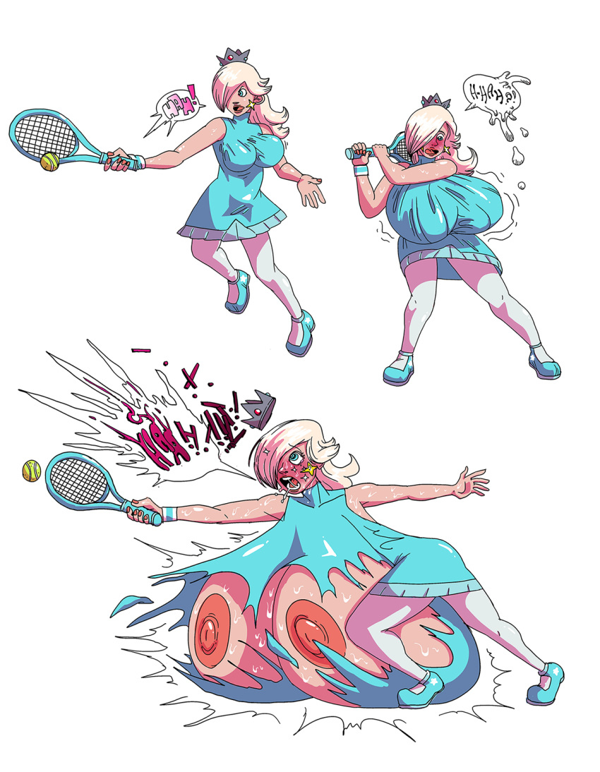 1girls areolae ass blonde_hair blue_eyes blush breast_expansion breasts breasts_on_floor cleavage crown dress earrings female female_focus female_only growing hair_over_eye hyper hyper_breasts large_breasts mario_(series) mario_tennis mostly_nude nintendo nipples princess_rosalina ripped_clothing sequence stockings sweat tennis tennis_ball thighs waevyx wardrobe_malfunction