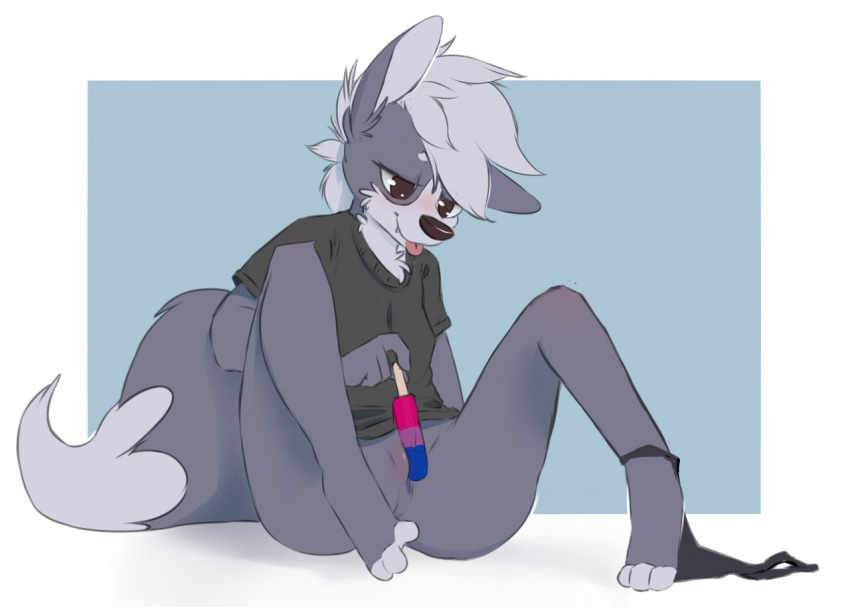 2018 anthro barley_(elijah-draws) blep blue_background blush border bottomless canid canine canis cheek_tuft clothed clothing conditional_dnp domestic_dog elijah-draws facial_tuft female food fur genitals grey_body grey_fur mammal masturbation panties panties_around_one_leg popsicle popsicle_in_pussy popsicle_insertion pussy shirt simple_background sitting solo t-shirt tongue tongue_out topwear tuft underwear underwear_around_one_leg vaginal_masturbation vaginal_penetration white_border