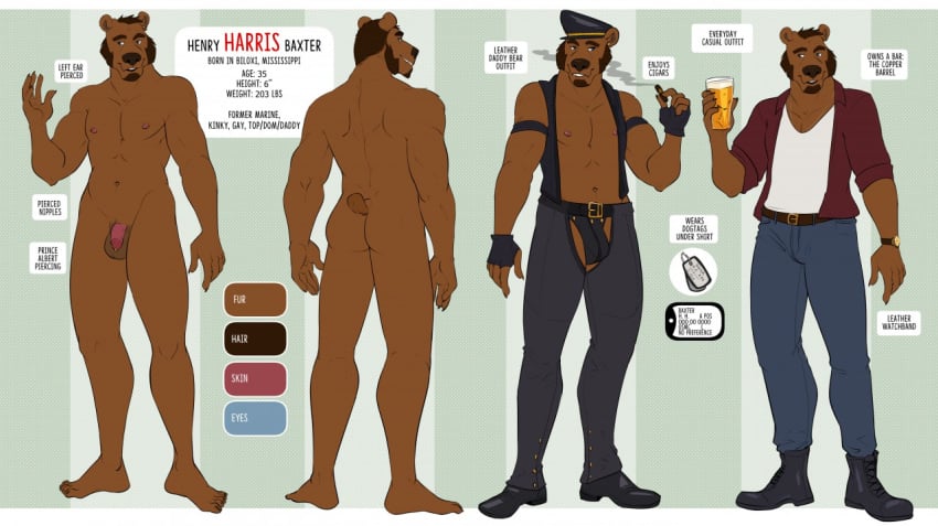 anthro ass balls chaps clothing flaccid genital_piercing genitals hat headgear headwear henry_harris_baxter male mammal model_sheet nipple_piercing nipples nude penis penis_piercing piercing prince_albert_piercing salkitten solo ursid