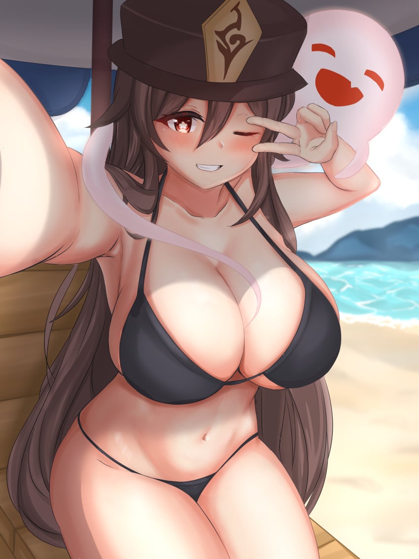 1girls alternate_breast_size armpits beach big_breasts bikini black_bikini blush boo_tao_(genshin_impact) breasts busty cleavage curvaceous curvy female female_only genshin_impact ghost happy hat hi_res hu_tao_(genshin_impact) huge_breasts looking_at_viewer minori_(user_eket5233) selfie smile thick_thighs v water