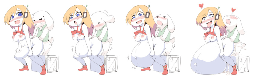 1boy 1boy1girl 1girls 2020 absurd_res anthro ass belly big_belly blonde_hair blue_eyes blush bodily_fluids boots bottomless box breasts cave_story clothed clothing colons_(cave_story) cum curly_brace duo female footwear genital_fluids hair hand_on_butt heart hi_res hyper hyper_belly inflation lagomorph machine male male/female mammal mimiga mostly_nude nipples robot sequence shirt silver_bell_(artist) simple_background topwear video_games white_background white_body wide_hips