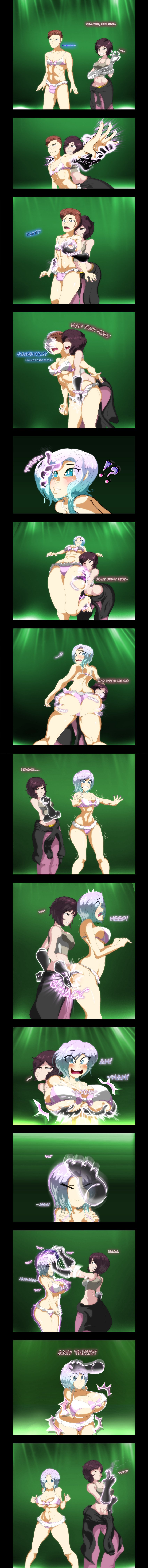 1boy 2girls ass_expansion ass_grab bob_cut breast_expansion breast_grab breasts cleavage comic dialogue female gender_transformation genderswap genderswap_(mtf) growth huge_ass huge_breasts magic original original_character rule_63 short_hair transformation voidstrata yuri