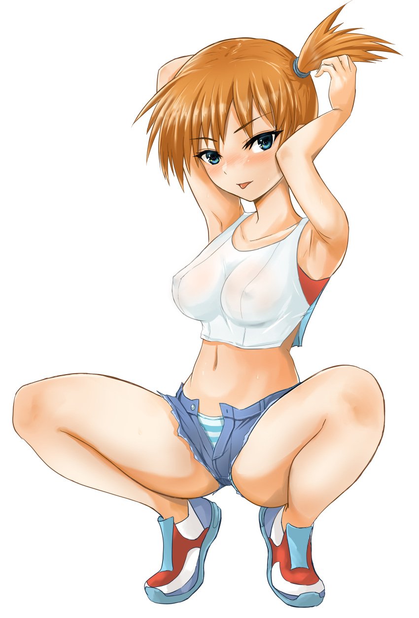 1girls areolae blue_eyes blush breasts cutoffs erect_nipples female female_only gincha gym_leader kasumi_(pokemon) legs looking_at_viewer midriff midriff_baring_shirt misty_(pokemon) misty_(pokemon_lgpe) navel nintendo nipples nipples_visible_through_clothing orange_hair panties pokemon pokemon_rgby red_hair see-through_clothing short_shorts shorts solo squatting striped_panties thick_thighs thighs tied_hair tongue tongue_out transparent_clothing unbuttoned_shorts wet