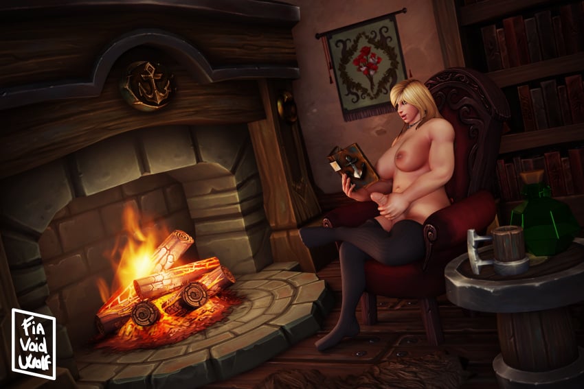 3d blonde_hair blonde_hair busty cozy evelynn_blackwood fiavoidwolf fireplace futanari kul_tiran_human kul_tiras masturbation reading_book reading_pornography solo stroking_cock stroking_penis warcraft warm_colors world_of_warcraft wow