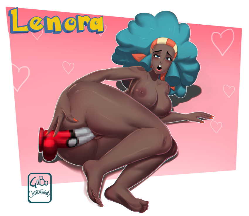 afro artist_signature barefoot big_ass big_breasts big_butt big_hair blue_eyes censored character_name colored dark-skinned_female dark_skin dildo feet female_only gabocaricaturas green_hair headband heart lenora_(pokemon) looking_at_viewer lying_on_side nail_polish nintendo nude_female open_mouth orange_nails pink_lips pokeball pokemon pokemon_bw solo_female teeth themed_dildo thick_thighs vaginal_insertion vaginal_penetration