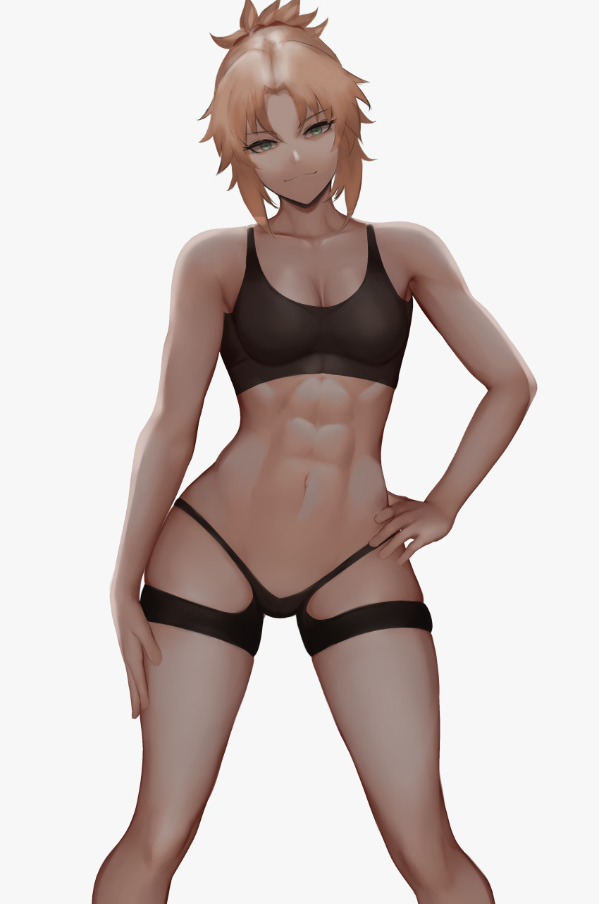 abs arm_on_hip arm_on_thigh belly belly_button black_bra black_panties black_sports_bra black_underwear blonde_hair bra closed_mouth collarbone eyebrows eyebrows_visible_through_hair eyelashes fate_(series) green_eyes hand_on_hip hand_on_thigh looking_at_viewer mordred_(fate) mouth_closed muscles muscular muscular_female navel panties short_hair simple_background six_pack small_breasts sports_bra standing stomach t-back_spats white_background zaki_btw