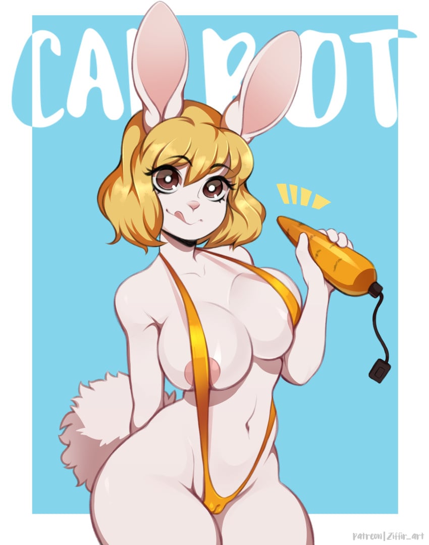 2021 absurdres anthro areola bikini blonde_hair breasts cameltoe carrot_(one_piece) english_text eyelashes female female_only furry hand_behind_back highres holding_object lagomorph leporid looking_at_viewer mammal minkmen_(one_piece) navel one-piece_swimsuit one_piece rabbit short_hair simple_background sling_bikini solo swimwear text tongue tongue_out ziffir