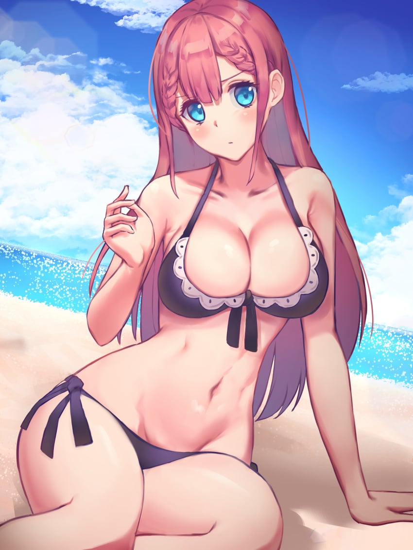 1girls beach bikini blue_eyes bokutachi_wa_benkyou_ga_dekinai breasts cloudy_sky female female_only kirisu_mafuyu_(bokuben) looking_at_viewer mostly_nude outdoors outside pink_hair sea side-tie_bottom sitting soft_octopus solo