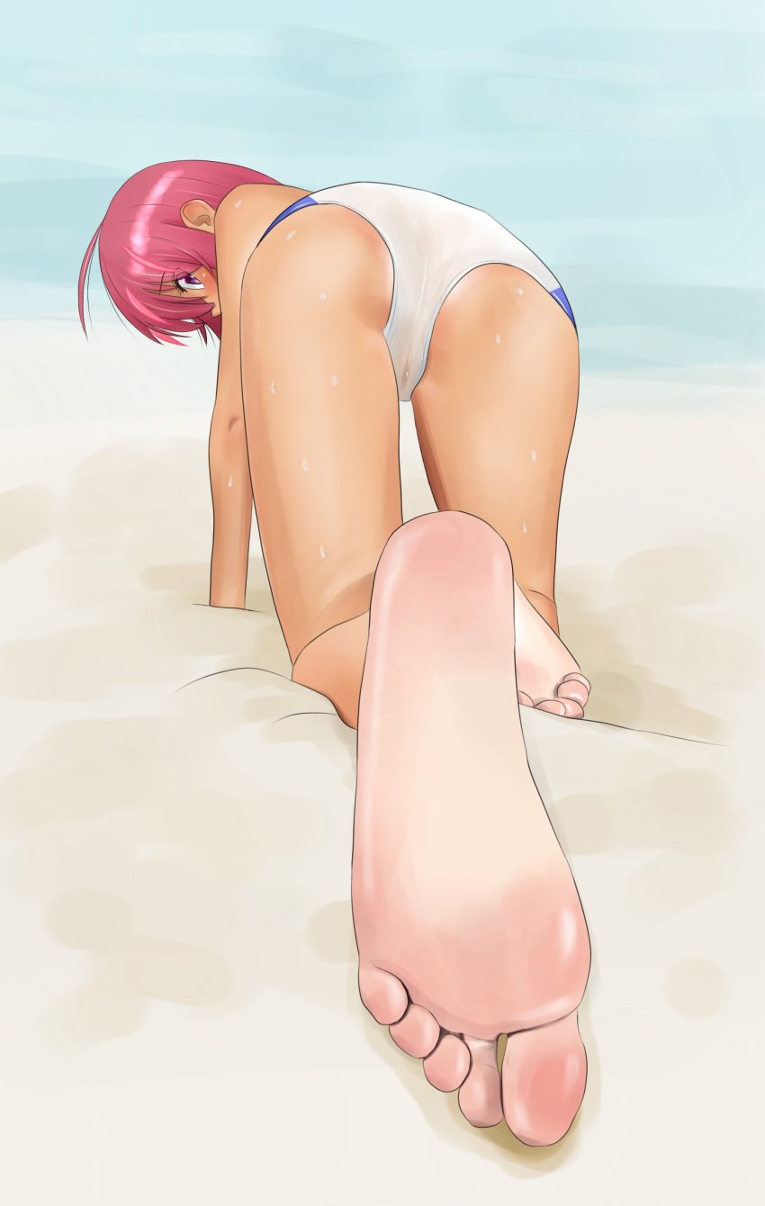 1girls all_fours ass bokutachi_wa_benkyou_ga_dekinai feet female female_only looking_at_viewer mostly_nude on_all_fours one-piece_swimsuit short_hair solo swimsuit takemoto_uruka_(bokuben)