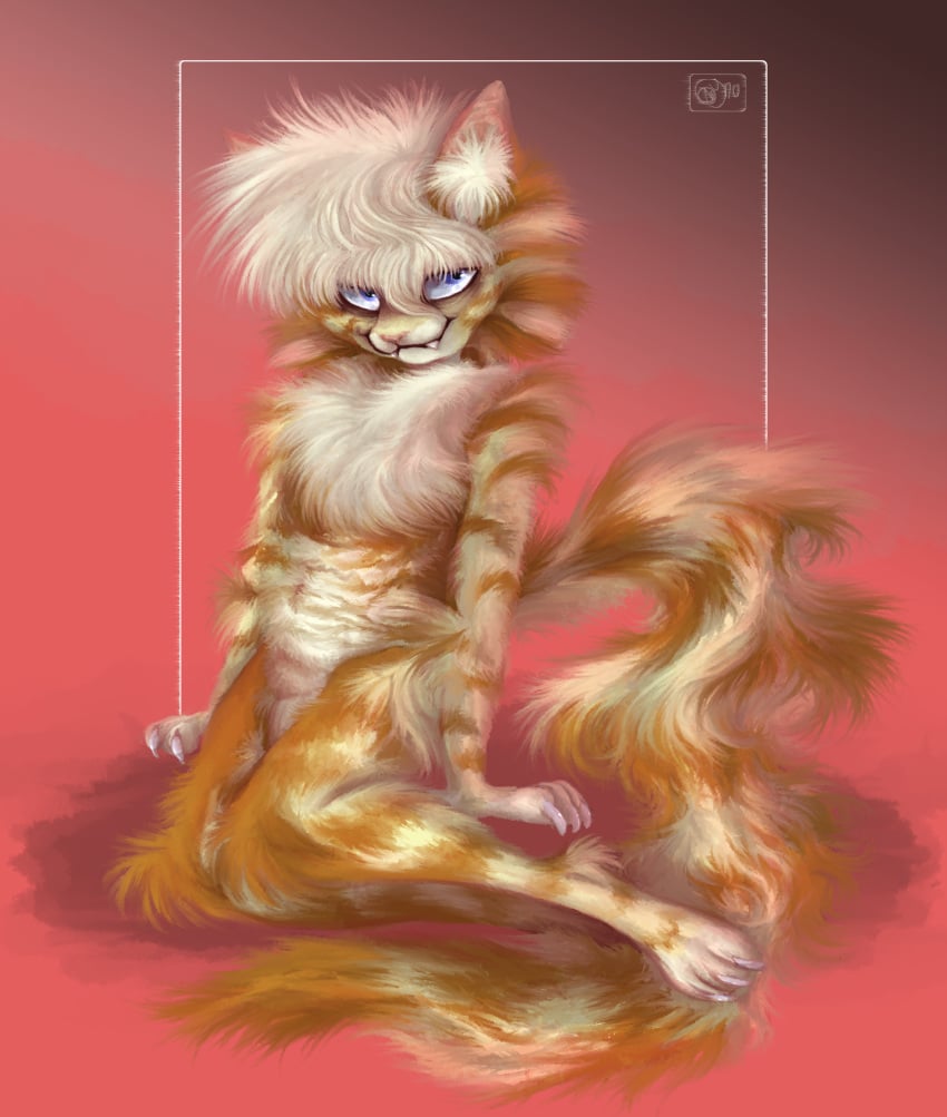 2021 absurd_res anthro arm_tuft bangs belly blue_eyes cheek_tuft claws covering cynocephaly domestic_cat elbow_tufts facial_tuft fangs felid feline felis flaccid fluffy fluffy_chest fluffy_hair fur genitals girly hair hi_res inner_ear_fluff looking_at_viewer male mammal multicolored_body multicolored_fur neck_tuft nude penis pink_nose simple_background sitting smile solo stripes teeth teeth_showing teeth_visible tuft white_belly white_hair yellow_body yellow_fur