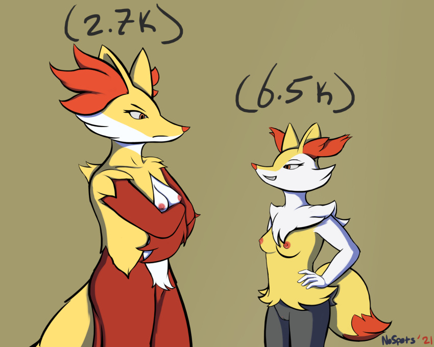 2020s 2021 anthro braixen breasts canid canine crossed_arms delphox digital_media_(artwork) duo female fluffy fur genitals inner_ear_fluff mammal nintendo nipples nospots nude orange_body orange_fur pokémon_(species) pokemon pokemon_(species) pussy red_body red_fur simple_background smile smug text tuft video_games yellow_body yellow_fur