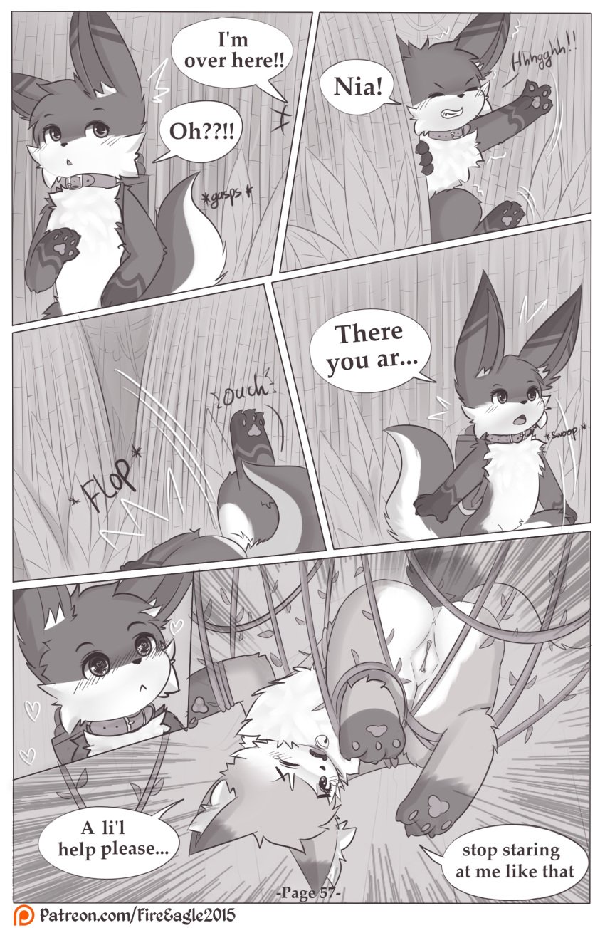 ambiguous_gender anthro backpack bell canid canine collar comic doujinshi english_text fall_(disambiguation) female forest genitals hi_res iradeon mammal nia_(senz) page_57 pussy sean_(senz) senz text url vines