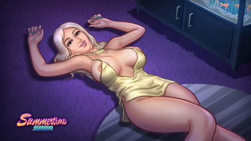 1girls 2d alternate_version_available areolae arms_above_head big_breasts blonde_hair breast_peek clothed clothing darkcookie digital_drawing_(artwork) digital_media_(artwork) dress female female_focus female_only highres iwanka_(summertime_saga) laying_down laying_on_back laying_on_floor light-skinned_female light_skin long_hair looking_at_viewer medium_breasts nipples no_bra no_panties on_back on_floor pinup presenting room sideboob smile smiling solo solo_focus summertime_saga wallpaper watermark