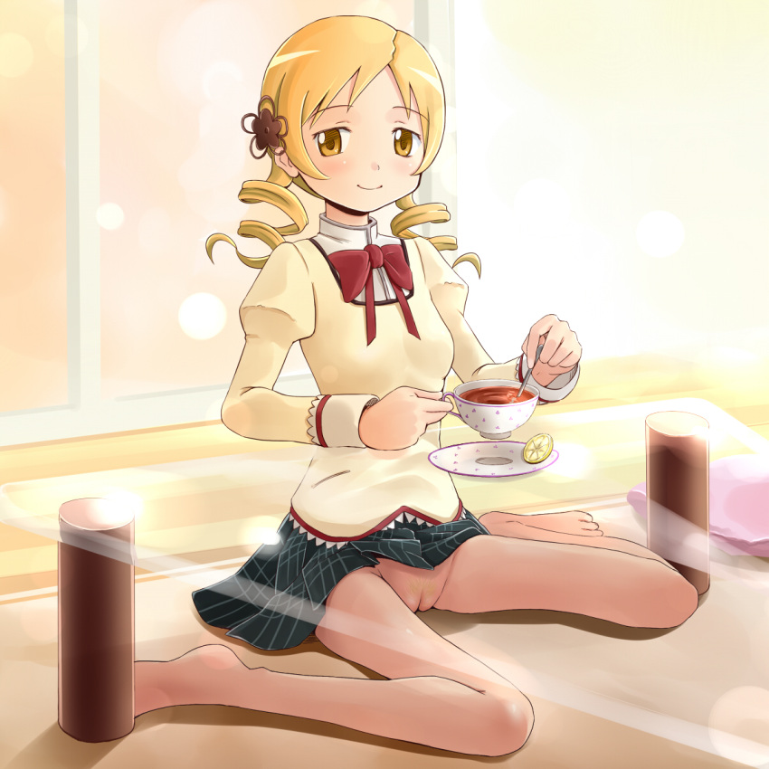 bad_id bad_pixiv_id barefoot blonde_hair clothing cup drill_hair egg_vibrator female glass_table highres mahou_shoujo_madoka_magica no_panties pubic_hair pussy see-through sex_toy shuuji_(shumi) skirt table tea tomoe_mami vibrator