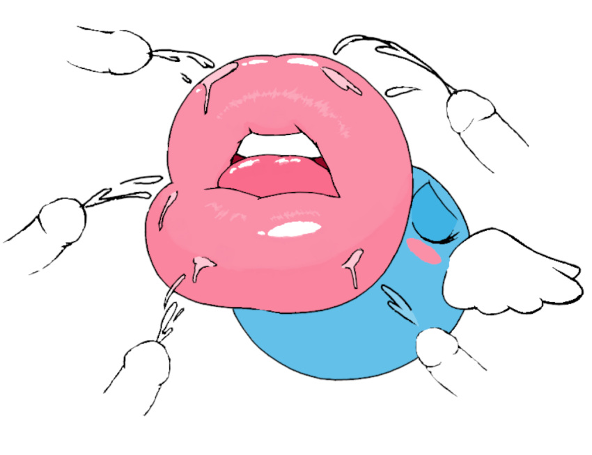 blue_skin blush blushing color colored cum cum_on_lips ejaculating ejaculation huge_lips kirby_(series) leap lips nintendo penis thick_lips white_background