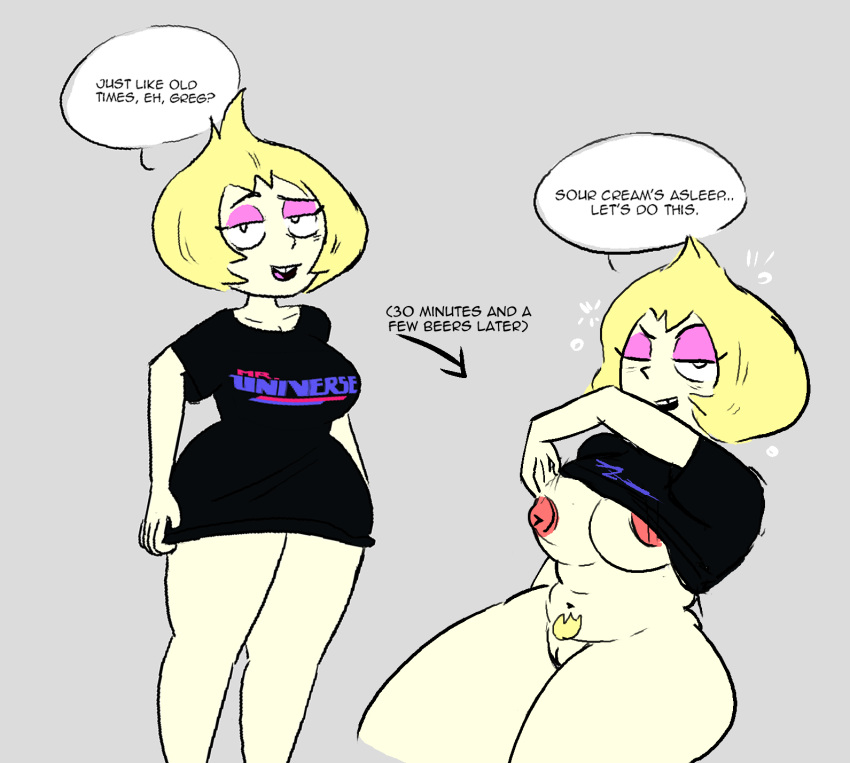 1girls areolae blonde_hair blonde_pubic_hair bush cartoon_network dialogue drunk looking_at_viewer milf name_drop nicechan shirt_lift steven_universe vidalia_(steven_universe) wink