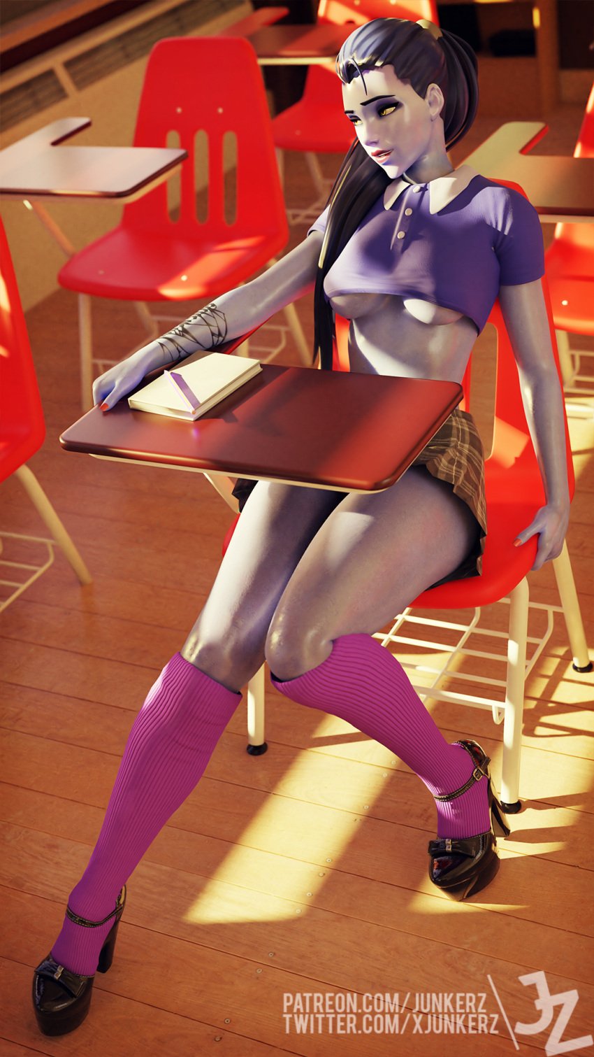 1girls 3d cleavage crop_top female female_only high_heels junkerz kneesocks miniskirt no_bra notebook overwatch patreon_username pencil plaid_skirt platform_heels pleated_skirt ponytail purple_skin school school_desk school_uniform short_skirt skirt socks solo twitter_username underboob widowmaker