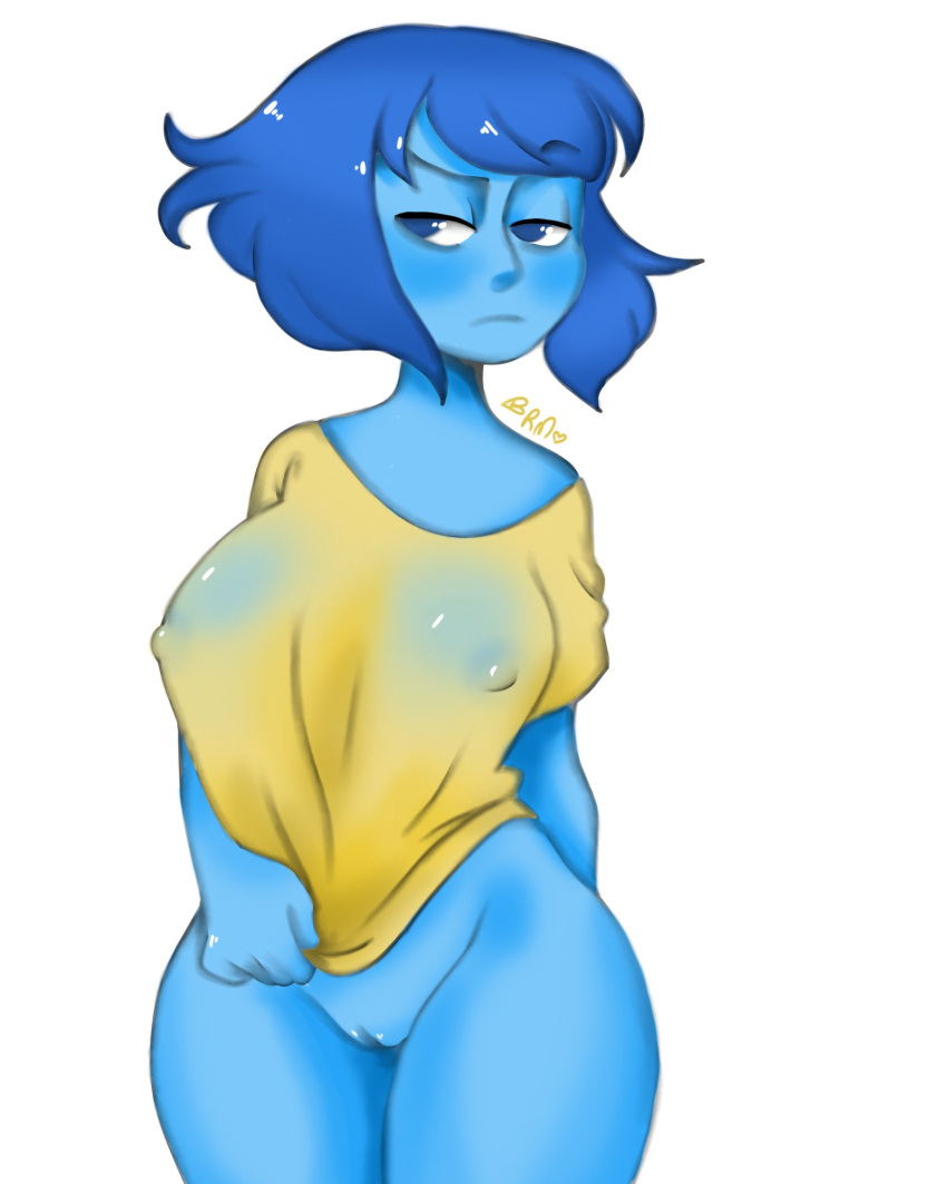 1girls alien alien_girl blue_eyes blue_female blue_hair blue_skin bottomless cartoon_network eyebrows_visible_through_hair female female_focus female_only gem_(species) hips lapis_lazuli_(gem) lapis_lazuli_(steven_universe) nipples_visible_through_clothing pussy scamanderbianca shirt shirt_only short_blue_hair short_hair solo solo_female steven_universe t-shirt unamused vagina yellow_shirt