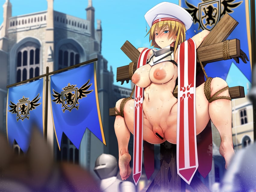 amagasahigasa areolae armor ass bangs banner bar_censor barefoot belly beret black_gloves blonde_hair blue_eyes blush bondage breasts building censored closed_mouth collarplate crest cross crucifixion curvy dirty dirty_feet eyebrows_visible_through_hair female gloves hat highres knight large_breasts looking_ahead m_legs medium_hair navel nipples nose_blush original outdoors public public_exposure public_humiliation puffy_nipples pussy restrained rope sidelocks soles solo_focus spoils_of_war spread_legs steaming_body stomach sweat thick_thighs thighs toes war_trophy white_headwear wide_hips