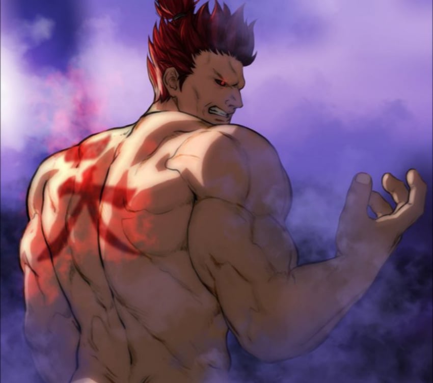 1boy akuma angry capcom cloudy gouki human human_only hydaria male male_only muscular muscular_male nude red_hair safe simple_background solo solo_male street_fighter 天