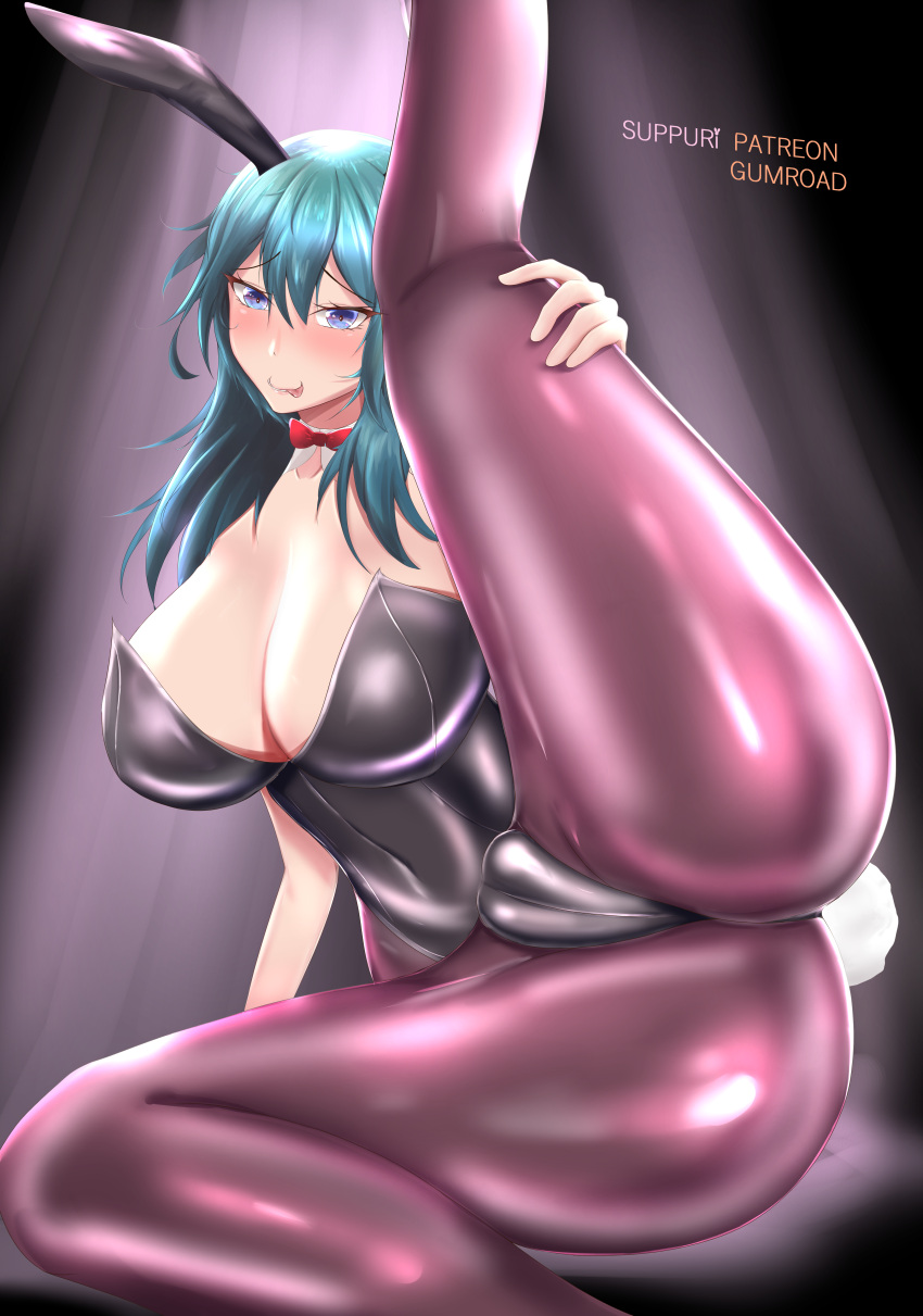 1girls alternate_costume ass big_ass blue_hair bowtie bunny_ears bunny_girl bunnysuit byleth_(fire_emblem) byleth_(fire_emblem)_(female) cameltoe cleavage fire_emblem fire_emblem:_three_houses large_ass large_breasts leg_up licking_lips long_hair looking_at_viewer naughty_face nintendo partially_visible_vulva smile solo spread_legs suppuri teal_hair thick_thighs tongue tongue_out