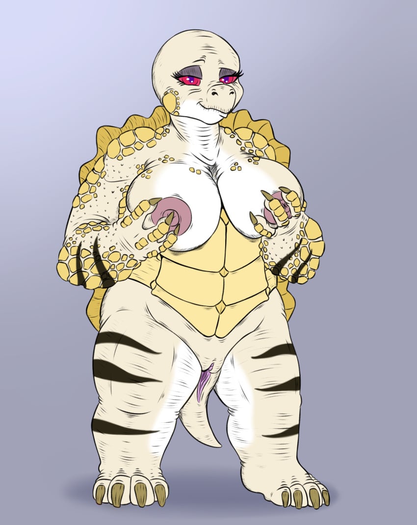 absurd_res albino alice_arthur anthro big_breasts breasts exelzior exelzior-maximus female genitals hi_res holding_breast nipples pussy red_eyes red_sclera reptile scalie shortstack solo stripes tortoise turtle wrinkles