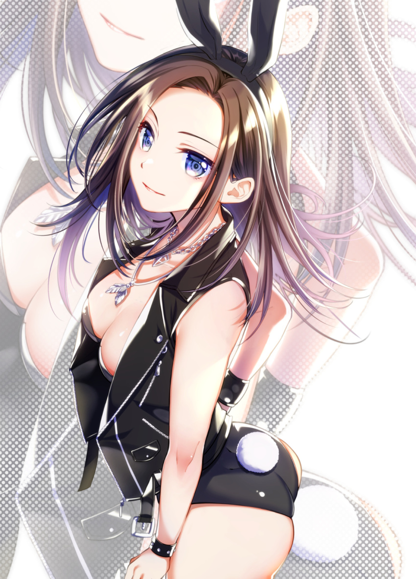 animal_ears bang_dream! black_leotard black_vest blue_eyes bracelet breasts brown_hair bunny_ears bunny_tail chain_necklace closed_mouth cowboy_shot fake_animal_ears fake_tail female highres jewelry leather_vest leotard looking_at_viewer medium_breasts medium_hair pendant playboy_bunny sidelocks sleeveless smile solo standing strapless strapless_leotard tail tsurugi_hikaru vest wakana_rei