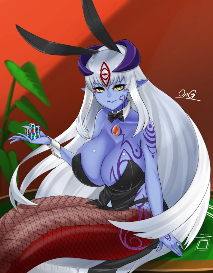 1girls alice_(mon-musu_quest!) alipheese_fateburn_xvi big_breasts blue_skin bunny_ears bunnysuit cleavage echidna horns jewelry lamia laying_on_table mon-musu_quest! monster_girl monster_girl_quest ong_(artist) plant pointy_ears poker ribbon signature silver_hair snake_girl tattoo white_hair