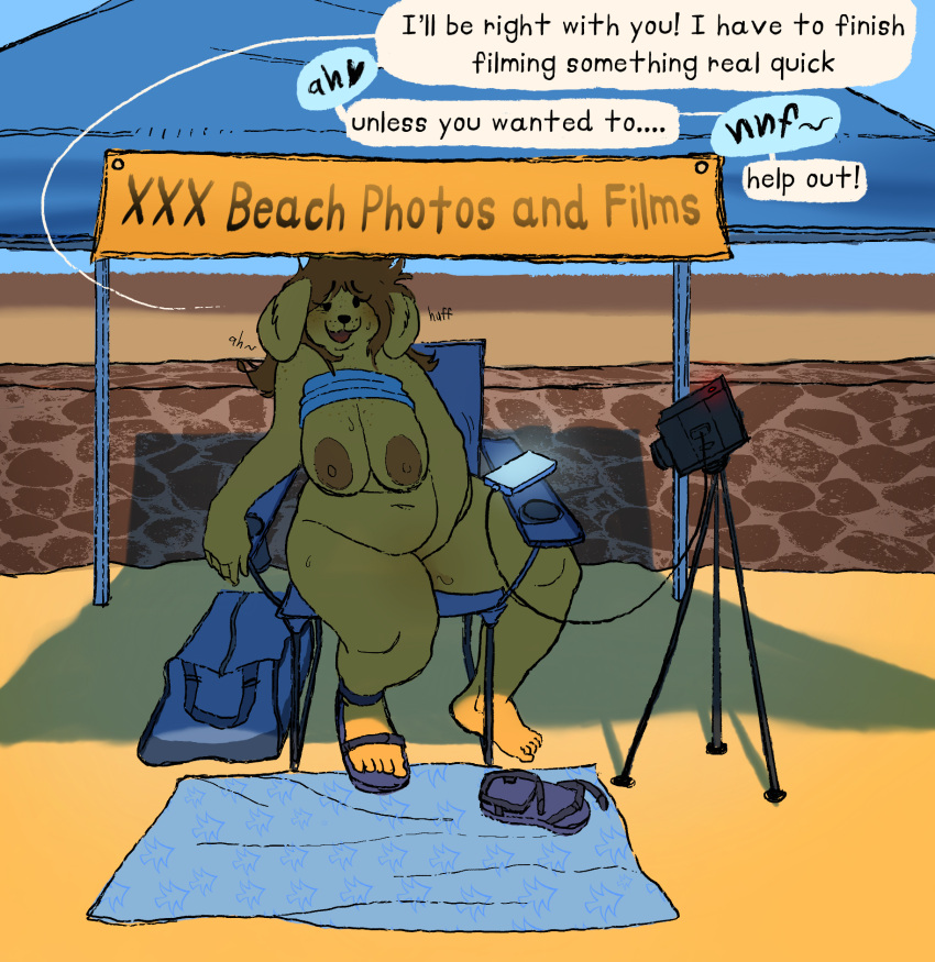 2020 2020s anthro beach belly breasts brown_hair camera canid canine canis clothed clothing dialogue domestic_dog english_text exposed_breasts feet female female_only footwear hair hi_res humanoid_feet kaboozey large_breasts lilia_(kaboozey) mammal masturbation nipples original original_character overweight overweight_anthro overweight_female public_masturbation raised_clothing raised_topwear recording sandals seaside shadow sitting solo talking_to_viewer text thick_thighs thighs topwear vaginal_masturbation vaginal_penetration yellow_body