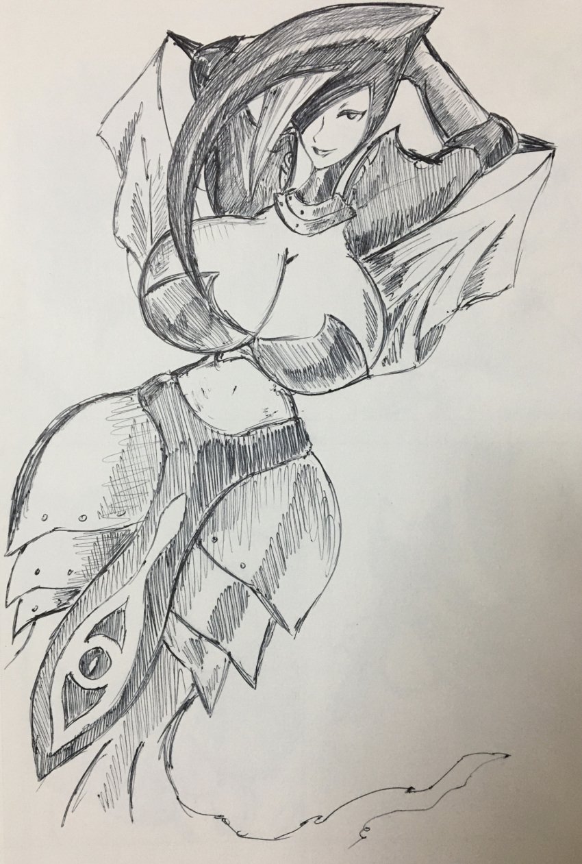 1girls arms_behind_head bangs big_breasts black_and_white cleavage dress female helmet lipstick looking_at_viewer midriff navel nintendo oracle_of_ages pauldrons pikapika212 sketch solo the_legend_of_zelda traditional_media veran wide_hips