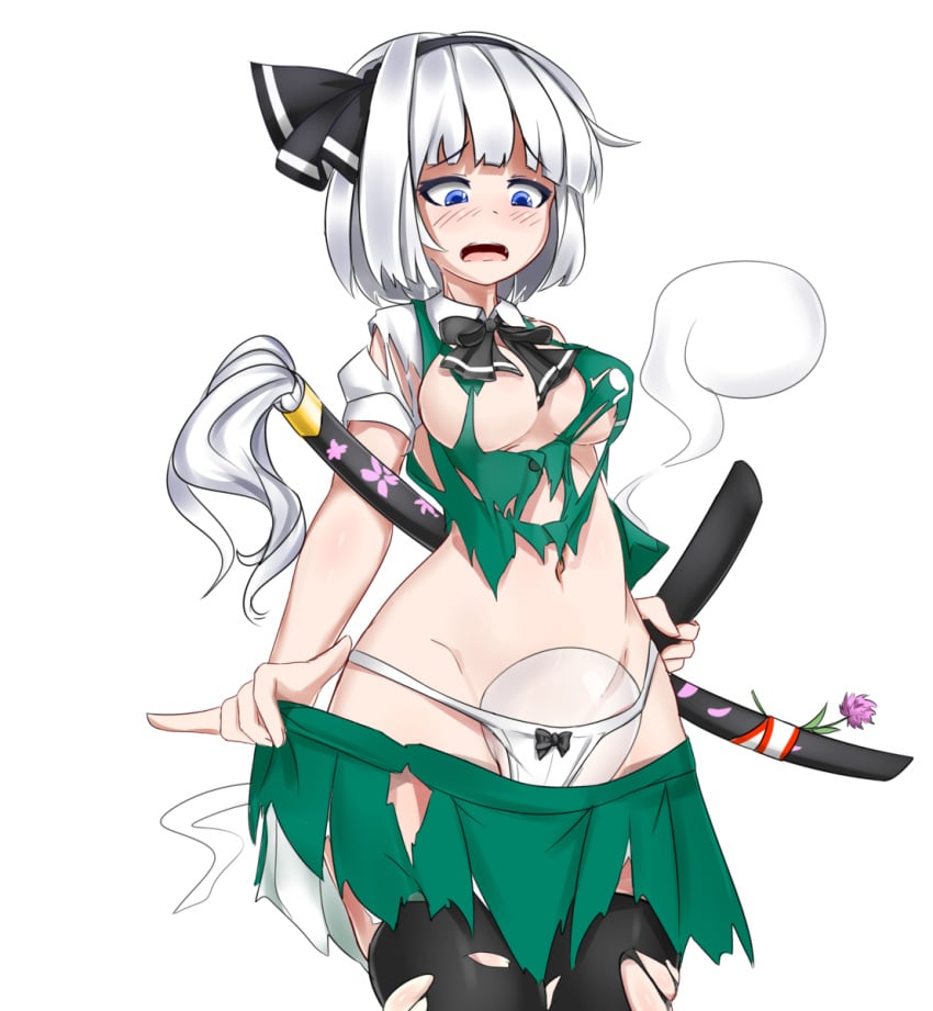 blue_eyes blush bow_panties breasts pan-ooh panties skindentation standing thighhighs torn_clothes torn_skirt touhou white_hair white_panties youmu_konpaku youmu_konpaku_(ghost)