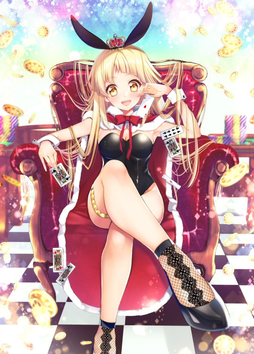 :d ace_of_hearts animal_ears arm_rest armchair armpits bang_dream! bangs bare_legs black_footwear black_leotard blonde_hair blush bow breasts bunny_ears cape card casino chair checkered checkered_floor cleavage commentary_request crown fake_animal_ears female full_body fur-trimmed_cape fur_trim hair_spread_out heels high_heels highres hips jack_of_diamonds legs_crossed leotard light_particles long_hair looking_at_viewer medium_breasts mini_crown no_socks on_chair open_mouth pale-skinned_female pale_skin partial_commentary platinum_blonde_hair playboy_bunny playing_card poker_chip red_bow red_cape red_neckwear roulette_table shoes sidelocks sitting sleeveless smile solo strapless strapless_leotard swept_bangs thigh_strap thighlet tsurugi_hikaru tsurumaki_kokoro wide_hips wrist_cuffs yellow_eyes