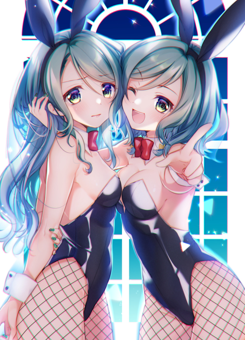 2girls ;d animal_ears arm_around_neck arm_behind_back bang_dream! bangs bare_shoulders black_leotard bow bowtie breasts chromatic_aberration cleavage closed_mouth cowboy_shot eyebrows_visible_through_hair fake_animal_ears fishnet_legwear fishnets grabbing_own_arm green_eyes green_hair green_nails hair_between_eyes headband highres hikawa_hina hikawa_sayo leotard long_hair medium_breasts multiple_girls nail_polish one_eye_closed open_mouth playboy_bunny pointing red_neckwear short_hair siblings sideboob sisters sleeveless smile symbol_commentary tsurugi_hikaru twins window wrist_cuffs