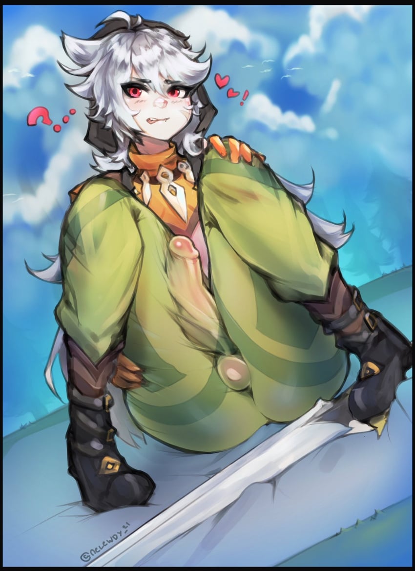 1boy ? ass big_penis boots bulge femboy genshin_impact girly green_pants grey_hair heart hearts long_hair male_only nelewdy nelody razor_(character) razor_(genshin_impact) red_eyes shoes sword thighs tight_clothing trap