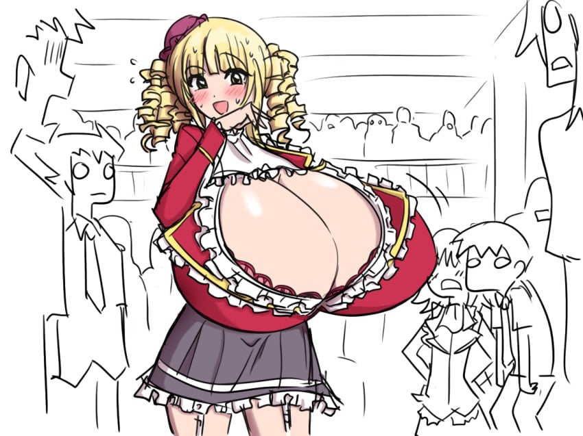 big_breasts blonde_hair blush breast_expansion breasts cleavage crowd female himedere huge_breasts hyper hyper_breasts implied_breast_expansion matsu-sensei ojou-sama_pose ore_no_nounai_sentakushi_ga_gakuen_love-comedy_wo_senryoku_de_jama_shiteru reikadou_ayame solo_focus top_heavy