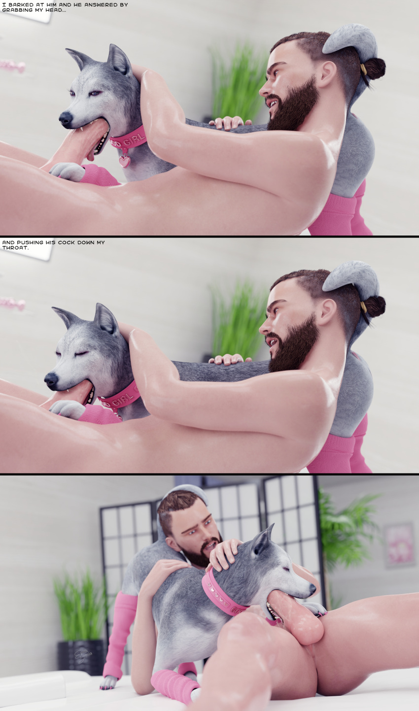 3d 3d_(artwork) absurd_res all_fours anus beard big_penis bodily_fluids braided_hair buttplug canid canine canis chair clothing collar comic cum cum_in_pussy cum_inside cum_on_pussy digital_media_(artwork) doggy_style domestic_dog duo english_text epithymia eyeliner facial_hair feet fellatio fellatio_from_feral female feral footwear from_behind_position fur furniture genital_fluids genitals grabbing_head hair herding_dog hi_res human human_on_feral human_penetrating husky interspecies long_tongue looking_back lounge_chair makeup male male/female male_human/female_feral male_on_feral mammal massage_table nordic_sled_dog oral pastoral_dog penile penis pink_tongue plant precum pussy sex sex_toy simple_background smile socks spitz story story_in_picture teeth teeth_showing text tongue tongue_out tonguejob toothy_fellatio white_background zoophilia