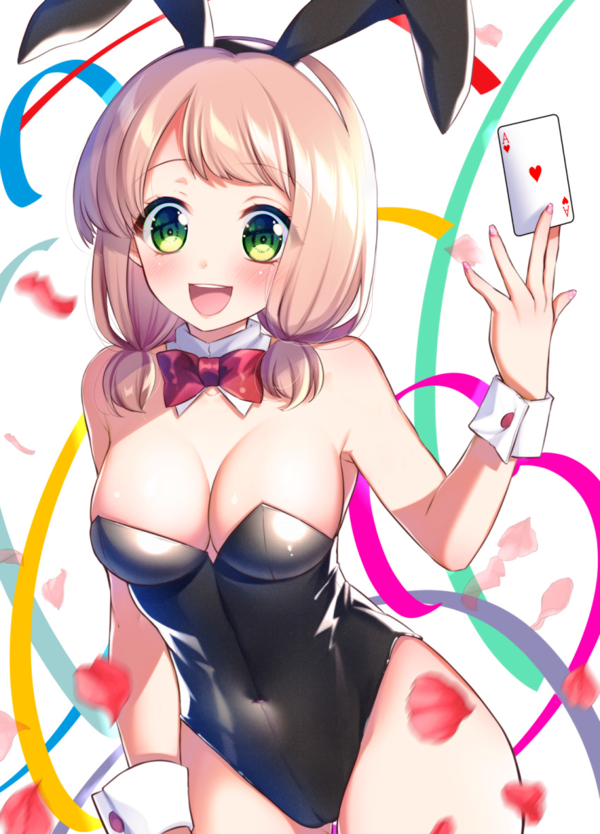 ace_of_hearts animal_ears bang_dream! bare_shoulders black_leotard bow bowtie breasts bunny_ears bunny_tail card cleavage commentary_request detached_collar female green_eyes hair_over_shoulder highres leotard looking_at_viewer medium_breasts nail_polish open_mouth pink_hair playboy_bunny playing_card red_neckwear short_hair smile solo strapless strapless_leotard tail tsurugi_hikaru uehara_himari wrist_cuffs