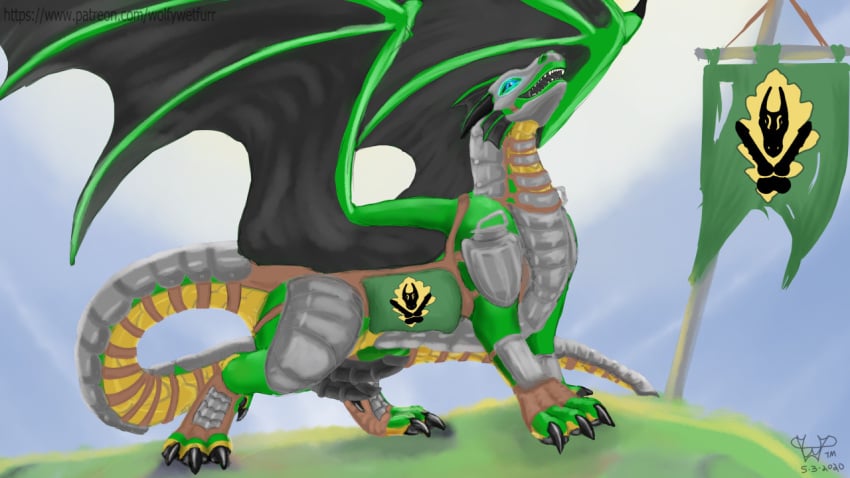 16:9 1boy akeroh armor bed belly black_claws black_fin black_horn black_wings blue_eyes claws curved_horn digital_media_(artwork) digitigrade diphallia diphallism dragon feral fin furniture genitals green_body green_scales horn male male_focus male_only membrane_(anatomy) membranous_wings multi_penis multicolored_body paws penis scales solo solo_focus two_tone_paws widescreen wings wolfywetfurr_(artist) yellow_belly yellow_body yellow_scales