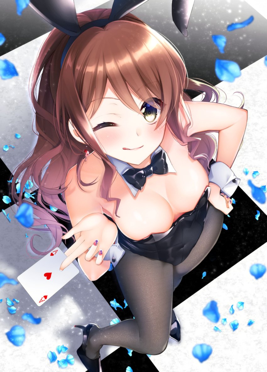 10s :q animal_ears bang_dream! between_fingers black_legwear black_neckwear bow breasts brown_hair bunny_ears card cleavage cuffs detached_collar down_blouse earrings eyebrows_visible_through_hair eyes_visible_through_hair female from_above green_eyes hand_on_hip high_heels highres imai_lisa jewelry long_hair looking_down medium_breasts nail_polish one_eye_closed pantyhose perspective petals playboy_bunny playing_card rabbit_girl shiny shiny_hair sidelocks solo tile_floor tiles tongue tongue_out tsurugi_hikaru wrist_cuffs