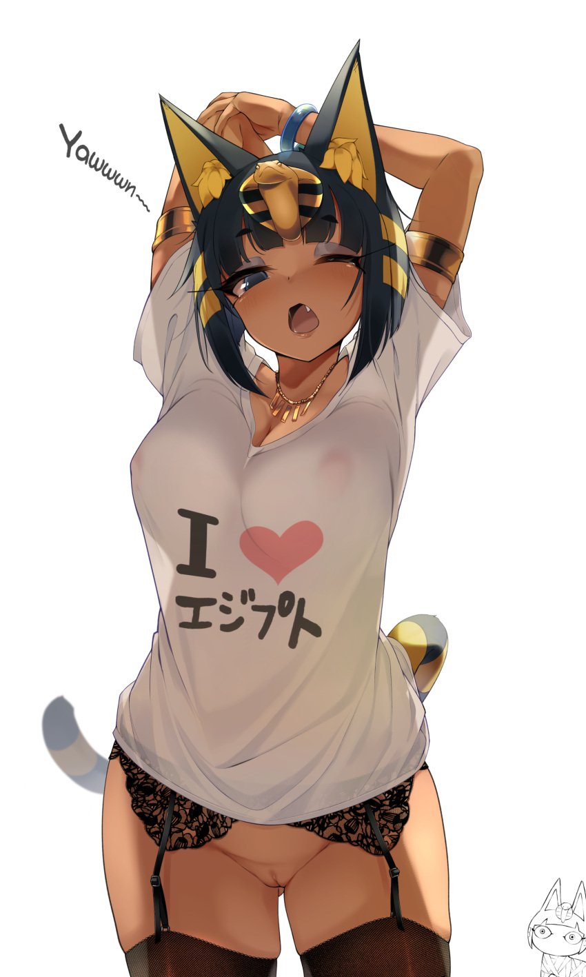 1girls alternate_breast_size animal_crossing ankha areolae arms_behind_head arms_up ass ass_visible_through_thighs big_breasts black_hair blue_eyes bob_cut bottomless bracelet bracelets breasts cat_ears cat_girl cat_tail catgirl chibi dark-skinned_female dark_skin egyptian exposed_pussy eyebrows eyebrows_visible_through_hair eyelashes eyeshadow female female_only garter_belt garter_straps hair hair_ornament humanization humanized jewelry jovejun lips looking_at_viewer makeup mostly_clothed necklace nintendo no_bra no_panties no_underwear one_eye_closed open_mouth pussy saliva saliva_string see-through see-through_clothing shirt short_hair simple_background solo t-shirt text text_on_clothing thick_thighs thighhighs thighs tongue transparent_clothing vagina visible_areolae white_background white_shirt yawn yellow_hair