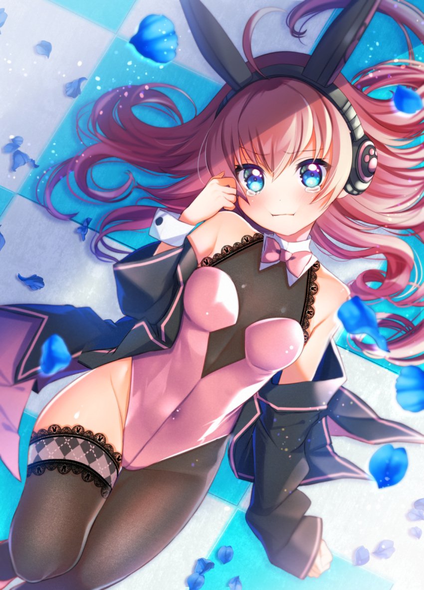 animal_ears asymmetrical_legwear bang_dream! bare_shoulders blue_eyes blush bow bowtie breasts breasts_apart bunny_ears covered_navel detached_collar eyebrows_visible_through_hair fake_animal_ears feet_out_of_frame female head_tilt headphones highleg highleg_leotard highres jacket jacket_removed knee_up lace lace-trimmed_legwear lace_trim leotard long_hair looking_at_viewer lying on_back petals pink_hair pink_leotard pink_neckwear playboy_bunny pout pouty_lips single_leg_pantyhose small_breasts tamade_chiyu tears thighhighs tsurugi_hikaru