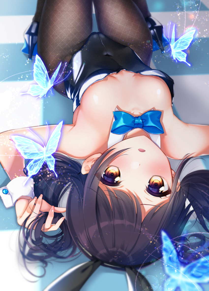 10s animal_ears areola_slip areolae bang_dream! bangs bare_shoulders black_hair black_legwear bow bowtie breasts brown_eyes bug bunny_ears butterfly covered_navel detached_collar eyebrows_visible_through_hair female futaba_tsukushi hair_between_eyes high_heels highres insects knees_up leotard long_hair long_sleeves looking_at_viewer lying no_bra on_back open_mouth pantyhose playboy_bunny rabbit_girl short_hair sidelocks small_breasts solo tile_floor tiles tsurugi_hikaru twintails upside-down wrist_cuffs