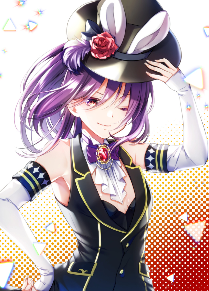 ;) animal_ears armpits ascot bang_dream! bangs black_leotard black_vest bow bowtie breasts bunny_ears closed_eyes detached_sleeves eyebrows_visible_through_hair female flower gem hand_on_hip hat hat_flower highres leotard leotard_under_clothes long_sleeves medium_hair one_eye_closed playboy_bunny ponytail purple_hair purple_neckwear seta_kaoru sidelocks small_breasts smile solo top_hat triangle tsurugi_hikaru upper_body vest