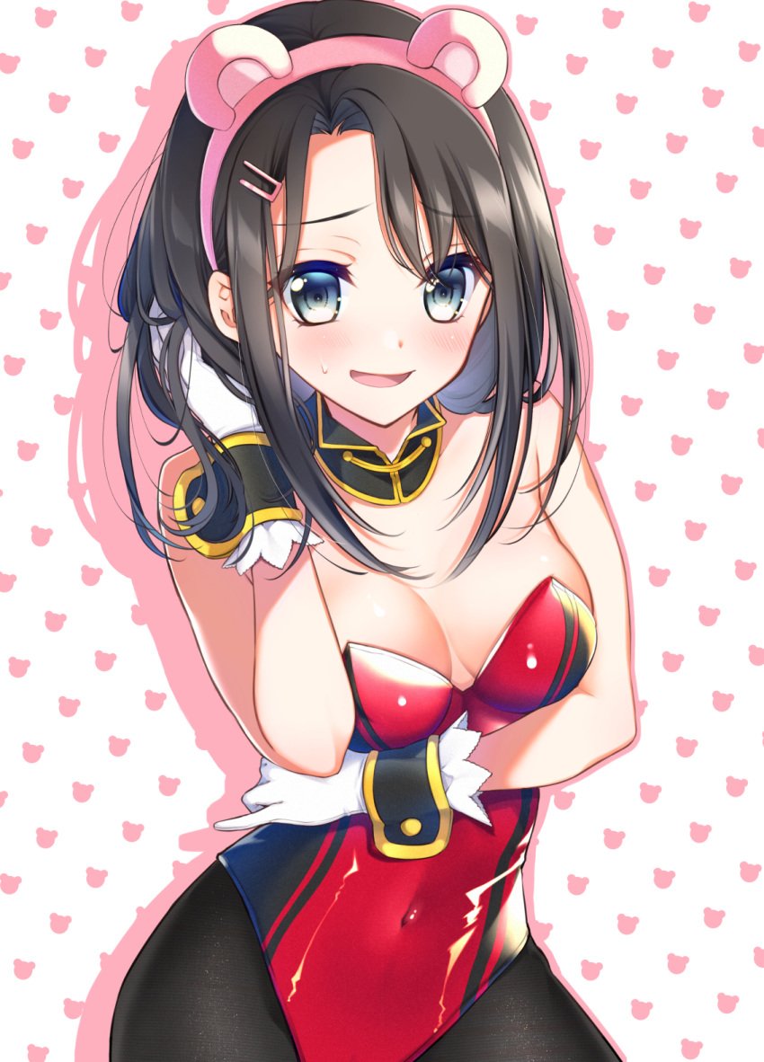 animal_ears arm_under_breasts bang_dream! bangs bare_arms bare_shoulders bear_ears black_hair black_legwear black_leotard blue_eyes blush breasts cleavage commentary_request contrapposto covered_navel detached_collar embarrassed eyebrows_visible_through_hair fake_animal_ears female gloves hair_ornament hairband hairclip hand_in_hair hand_up highres leotard long_hair looking_at_viewer medium_breasts okusawa_misaki open_mouth pantyhose parted_bangs patterned_background pink_hairband playboy_bunny_leotard raised_eyebrows red_leotard sidelocks silhouette simple_background solo standing strapless strapless_leotard sweatdrop tsurugi_hikaru two-tone_leotard white_background white_gloves wrist_cuffs