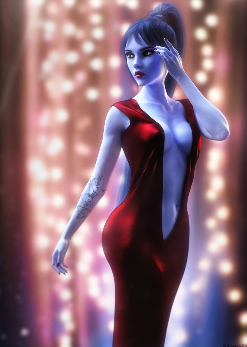 1girls 3d blue_hair blue_skin breasts cleavage dress erect_nipples female female_only lipstick long_hair looking_away low_neckline nail_polish navel nipples_visible_through_clothing overwatch ponytail purple_skin red_dress revealing_clothes skimpy skimpy_dress solo tattoo therealzoh tied_hair widowmaker