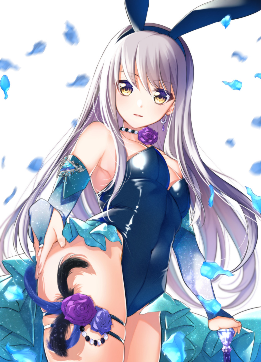 animal_ears armpits bang_dream! bangs bare_legs blue_flower blue_gloves blue_leotard blue_rose blush breasts bridal_gauntlets bunny_ears choker commentary covered_navel cowboy_shot dutch_angle earrings elbow_gloves eyebrows_visible_through_hair fake_animal_ears female flower flower_choker from_below gloves grey_hair hand_on_own_ass highleg highleg_leotard highres jewelry leotard long_hair looking_at_viewer minato_yukina petals playboy_bunny rose rose_petals sidelocks simple_background sleeveless small_breasts solo standing strapless strapless_leotard thigh_strap tsurugi_hikaru white_background yellow_eyes