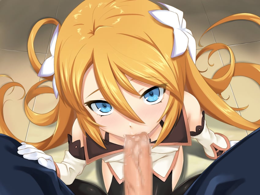 1boy 1girls blonde_hair blue_eyes breasts censored fellatio female hair_ornament highres hou_(hachiyou) kneeling legs long_hair looking_at_viewer marta_lualdi oral penis pov sitting small_breasts solo_focus tales_of_(series) tales_of_symphonia thighs