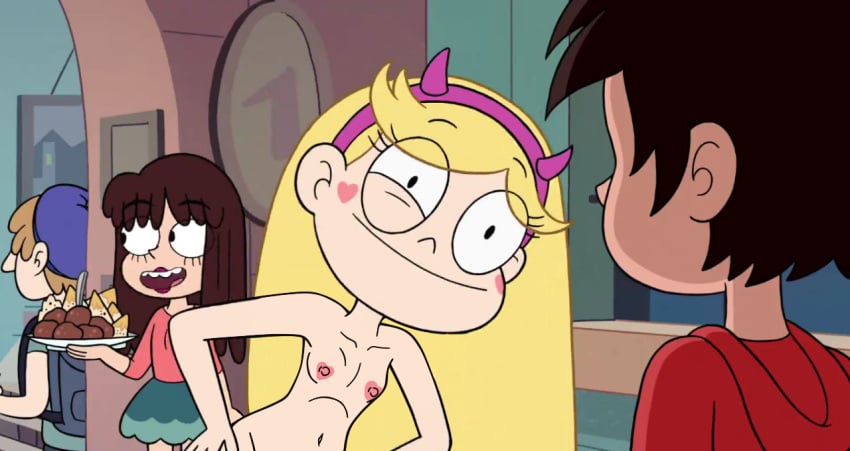 artist_request blonde_hair casual collarbone disney disney_channel edit eye_twitch flat_chest food_tray hands_on_hips headwear heart-shaped_areola heart-shaped_nipples heart_cheeks horned_headwear long_hair marco_diaz nipples nude nude_edit nude_female nude_filter nudity out-of-frame_censoring public public_nudity screenshot_edit small_breasts star_butterfly star_vs_the_forces_of_evil straight_hair thin_waist